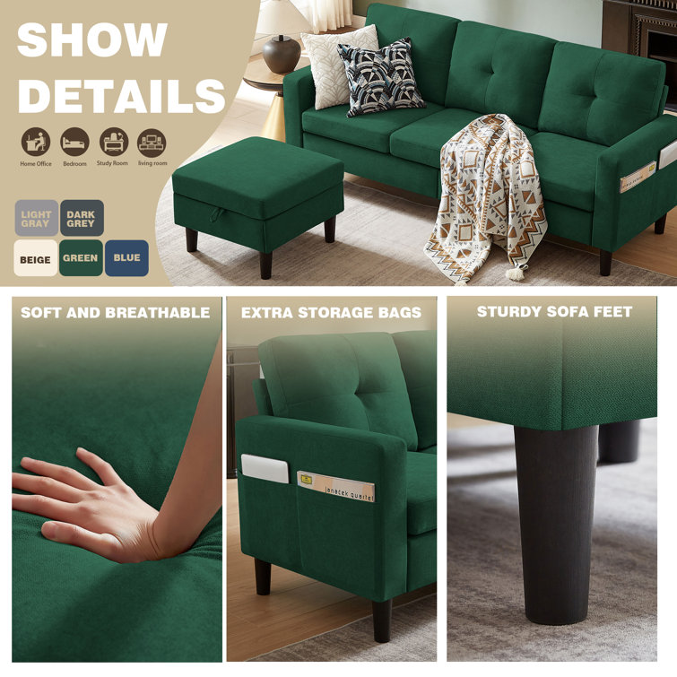 Green Polyester Blend 3-Piece Convertible Sectional Sofa Set