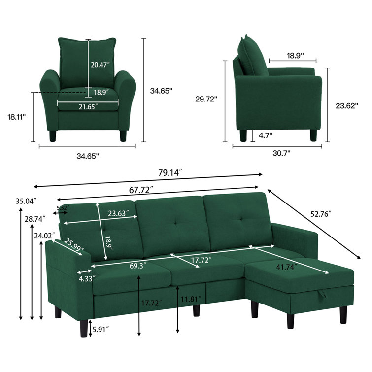 Green Polyester Blend 3-Piece Convertible Sectional Sofa Set