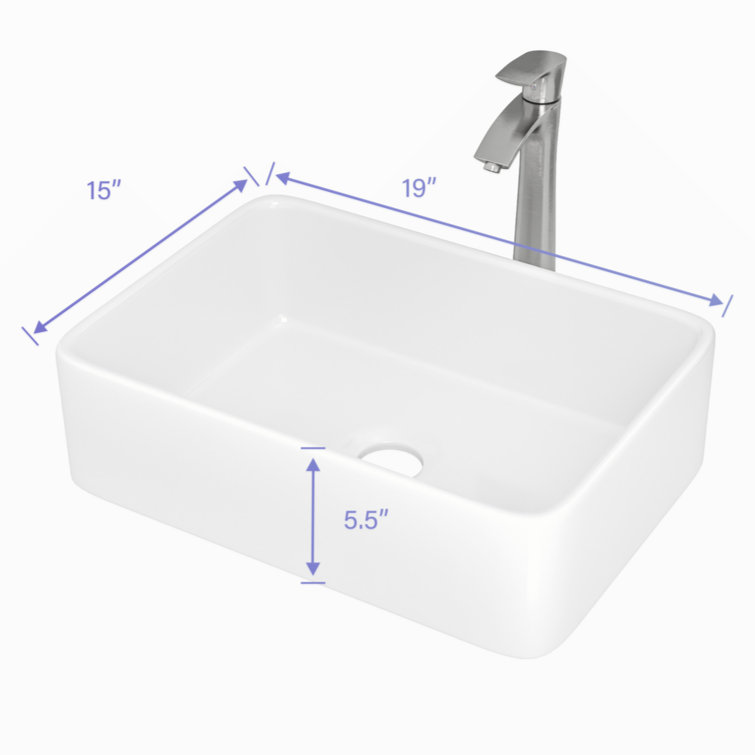 19" x 15" White Ceramic Rectangular Vessel Sink with Matte Black Faucet