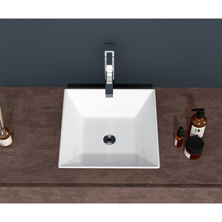 16-Inch White Ceramic Square Vessel Bathroom Sink