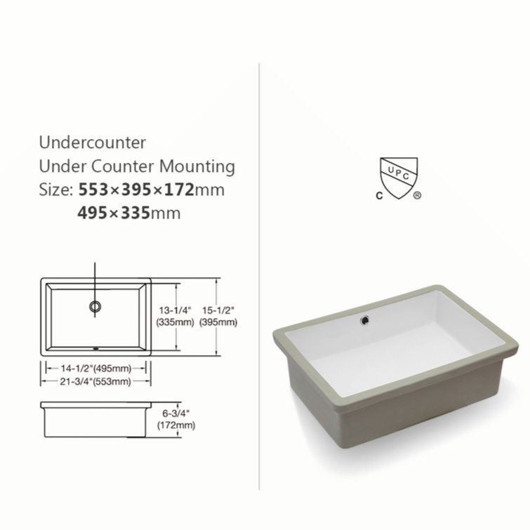 22" White Ceramic Rectangular Undermount Bathroom Sink with Overflow