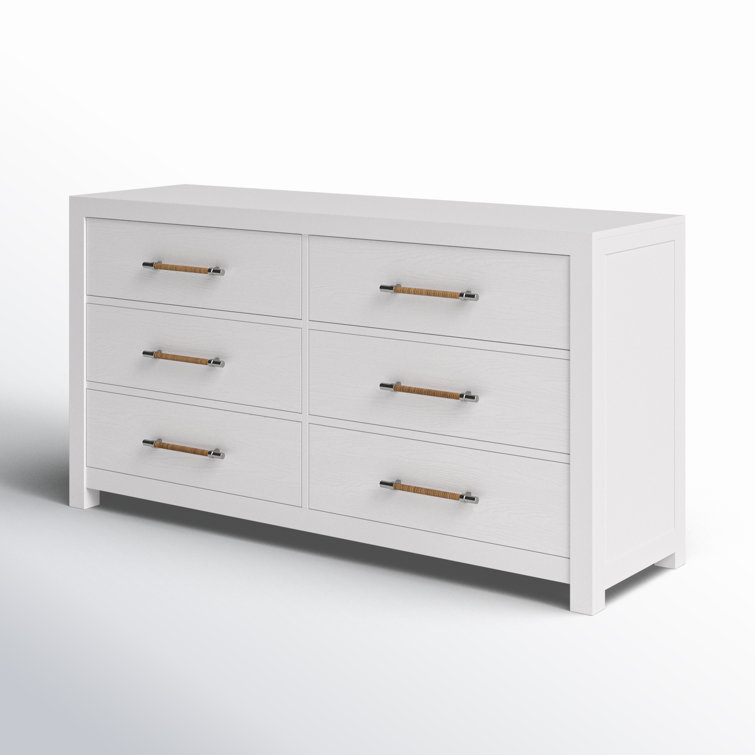 White Double Coastal 6-Drawer Dresser with Woven Handles