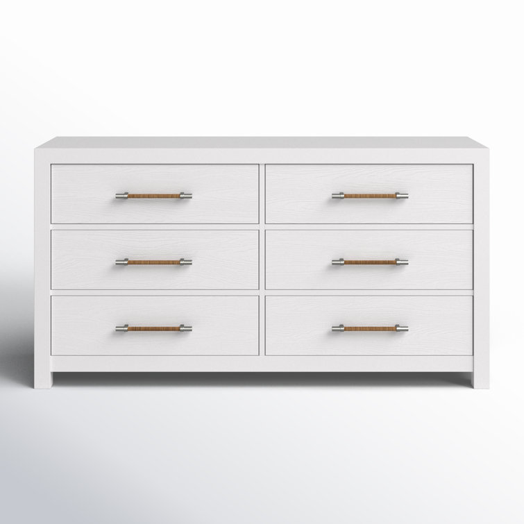 White Double Coastal 6-Drawer Dresser with Woven Handles