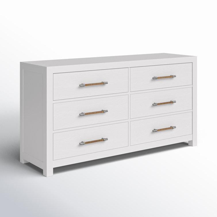 White Double Coastal 6-Drawer Dresser with Woven Handles