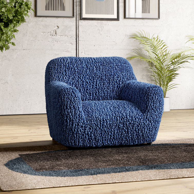 Blue Stretch Velvet Armchair Slipcover with Elastic Closure