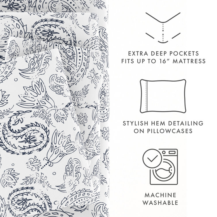 Navy Floral Microfiber Full Sheet Set with Deep Pockets