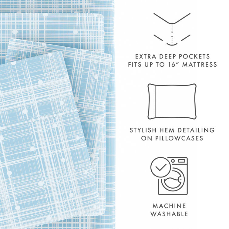 Aqua Plaid Twin Microfiber Sheet Set with Cotton Blend