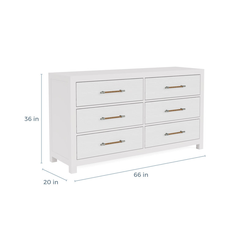 White Double Coastal 6-Drawer Dresser with Woven Handles