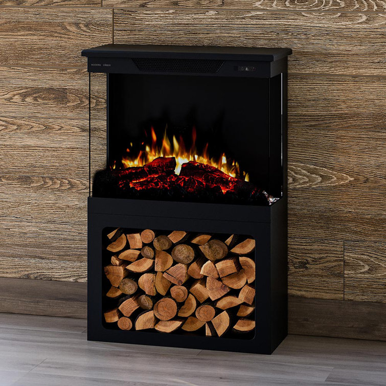 Modern Black 3-Sided Electric Fireplace with Storage Base
