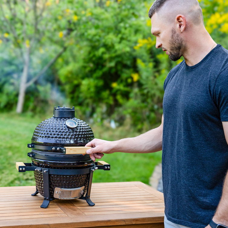 Compact Black Ceramic Kamado Grill with Smoker and Stand