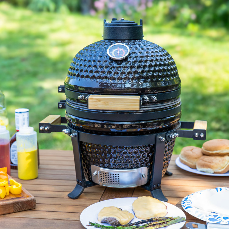 Compact Black Ceramic Kamado Grill with Smoker and Stand