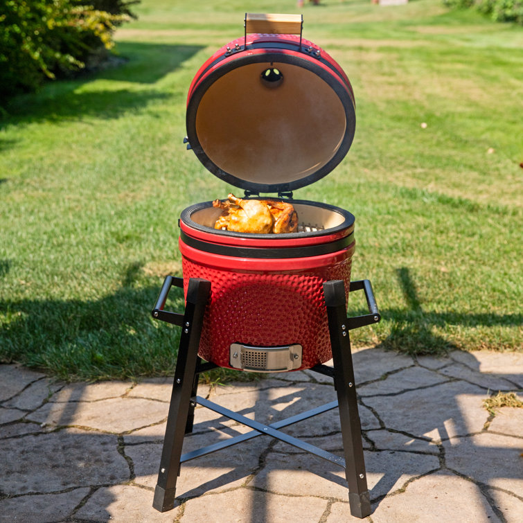 Red Ceramic Kamado Egg Grill with Smoker and Stand