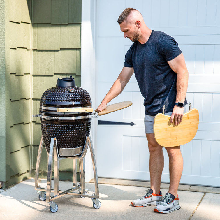 Black Ceramic Kamado Grill with Smoker and Bamboo Side Tables
