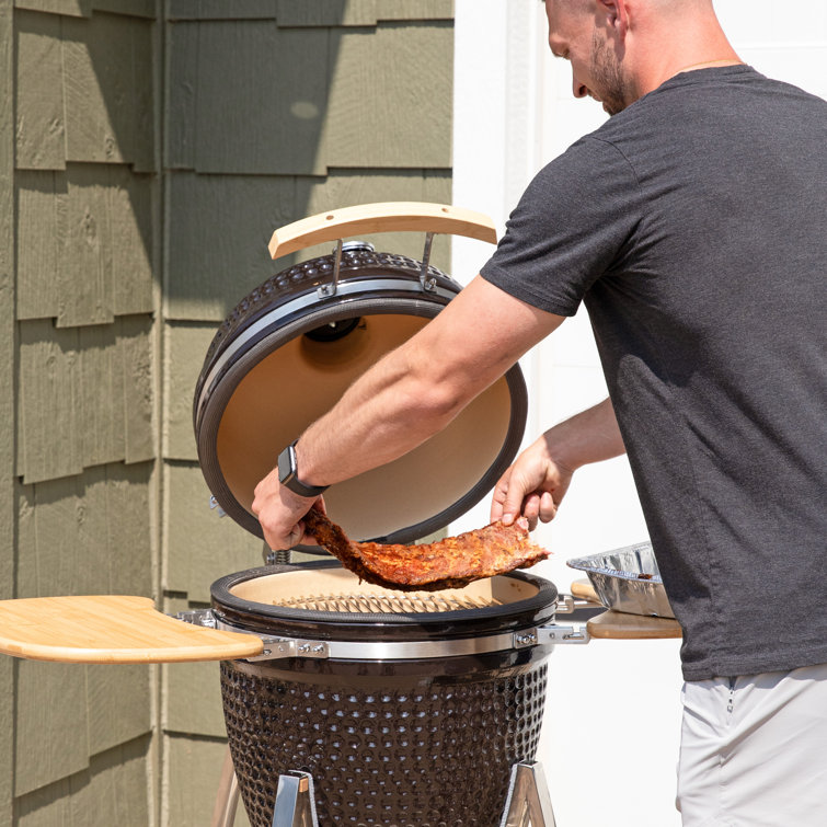 Black Ceramic Kamado Grill with Smoker and Bamboo Side Tables