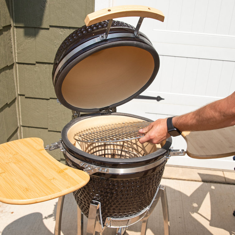 Black Ceramic Kamado Grill with Smoker and Bamboo Side Tables