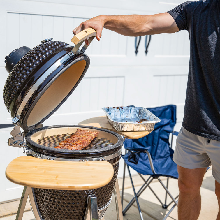 Black Ceramic Kamado Grill with Smoker and Bamboo Side Tables