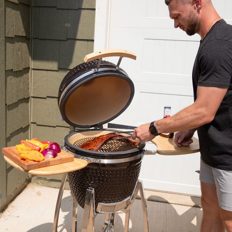 Black Ceramic Kamado Grill with Smoker and Bamboo Side Tables