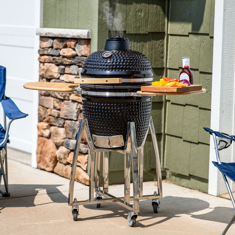 Black Ceramic Kamado Grill with Smoker and Bamboo Side Tables