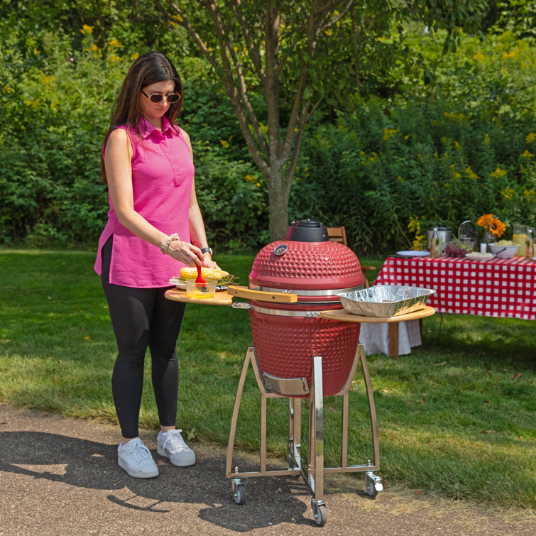 Red Ceramic Kamado Grill with Smoker and Bamboo Side Tables