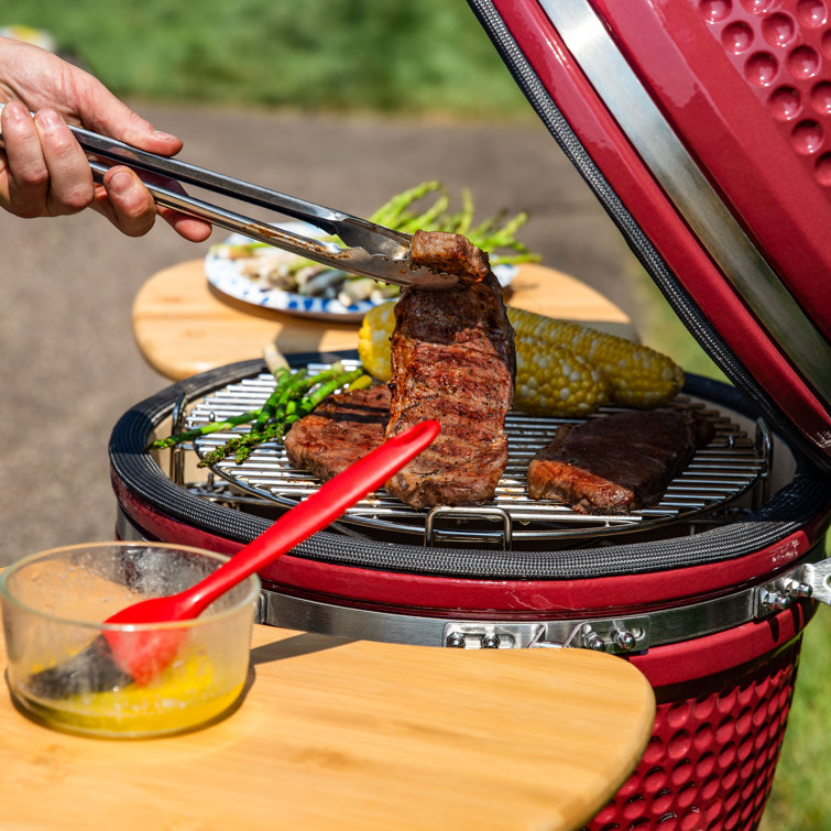 Red Ceramic Kamado Grill with Smoker and Bamboo Side Tables