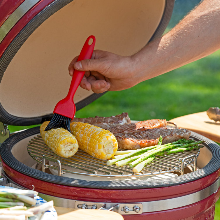Red Ceramic Kamado Grill with Smoker and Bamboo Side Tables