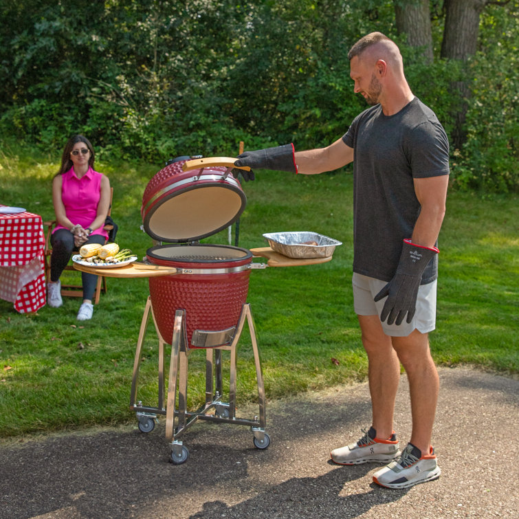 Red Ceramic Kamado Grill with Smoker and Bamboo Side Tables