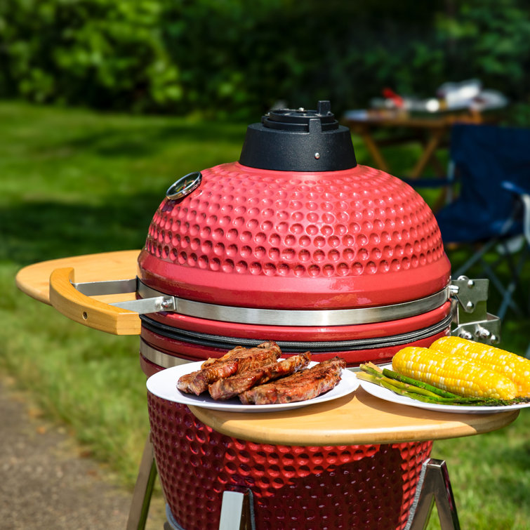 Red Ceramic Kamado Grill with Smoker and Bamboo Side Tables