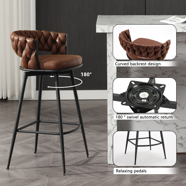 Brown Leather Swivel Bar Stools with Woven Backrest, Set of 2