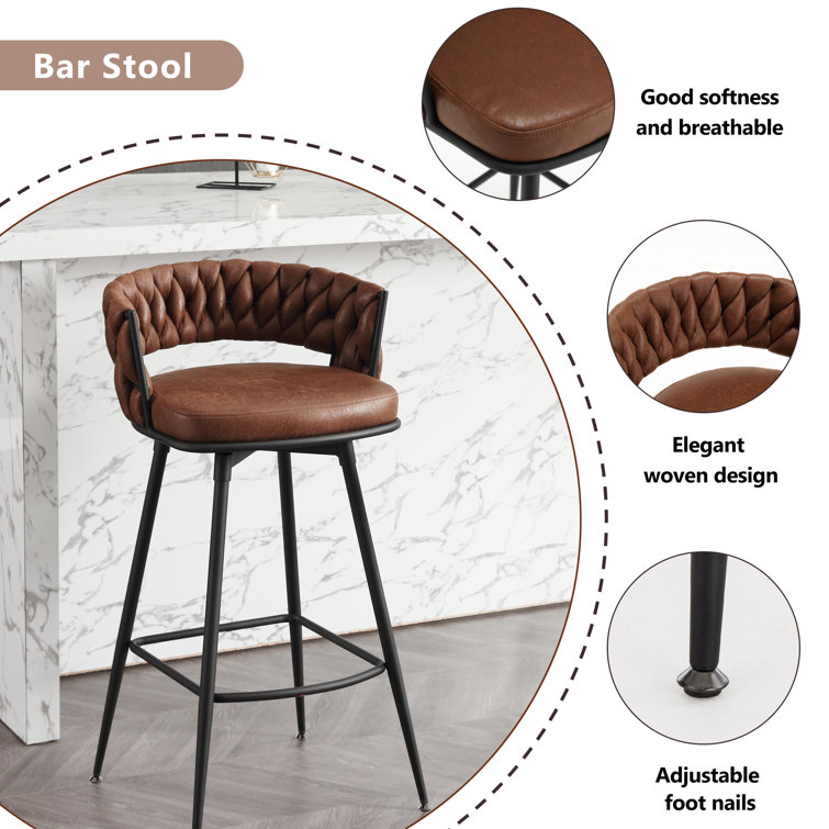 Brown Leather Swivel Bar Stools with Woven Backrest, Set of 2