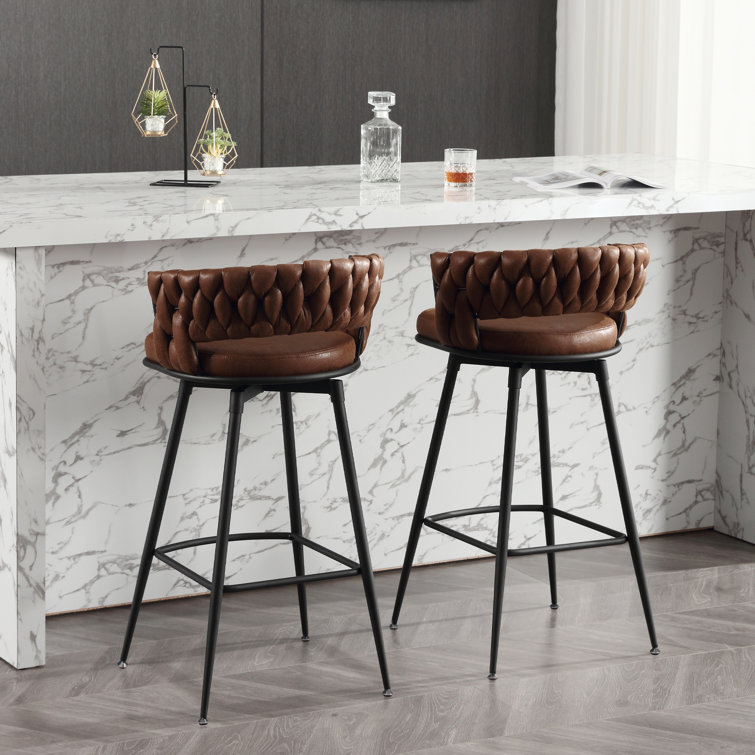 Brown Leather Swivel Bar Stools with Woven Backrest, Set of 2