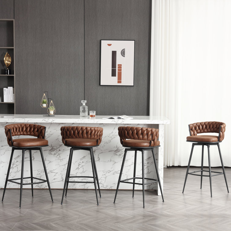Brown Leather Swivel Bar Stools with Woven Backrest, Set of 2