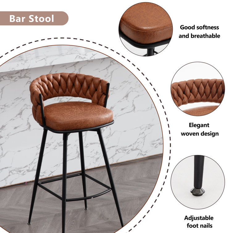 Whiskey Brown Leather Swivel Bar Stools with Steel Frame, Set of 2