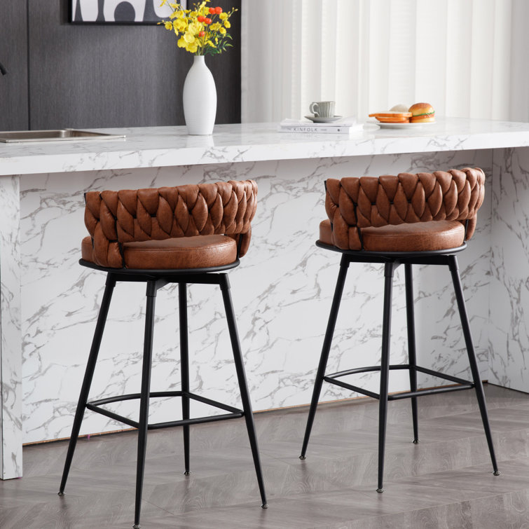 Whiskey Brown Leather Swivel Bar Stools with Steel Frame, Set of 2