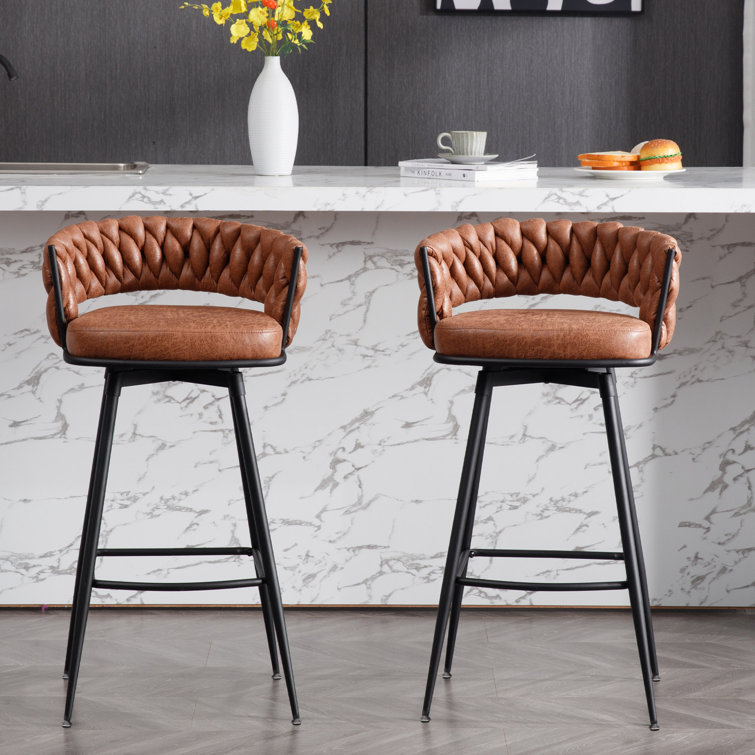 Whiskey Brown Leather Swivel Bar Stools with Steel Frame, Set of 2
