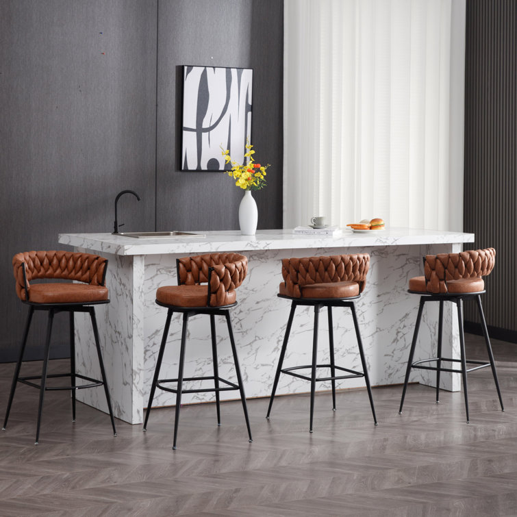 Whiskey Brown Leather Swivel Bar Stools with Steel Frame, Set of 2