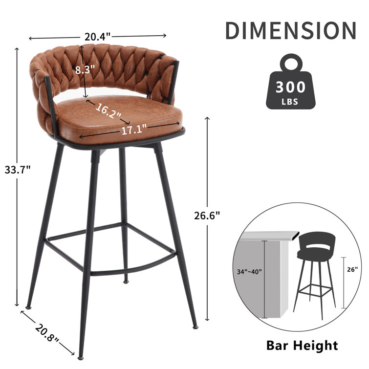 Whiskey Brown Leather Swivel Bar Stools with Steel Frame, Set of 2