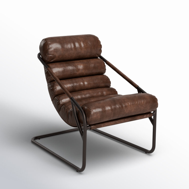Handcrafted Transitional Leather Accent Chair with Metal Frame