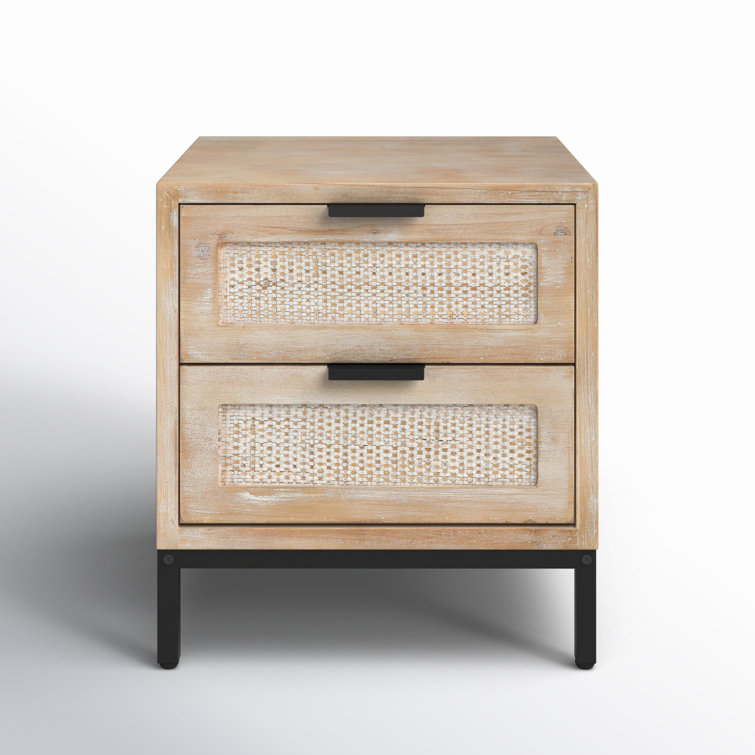 Modern Wood and Iron Side Table with Rattan Drawer Fronts