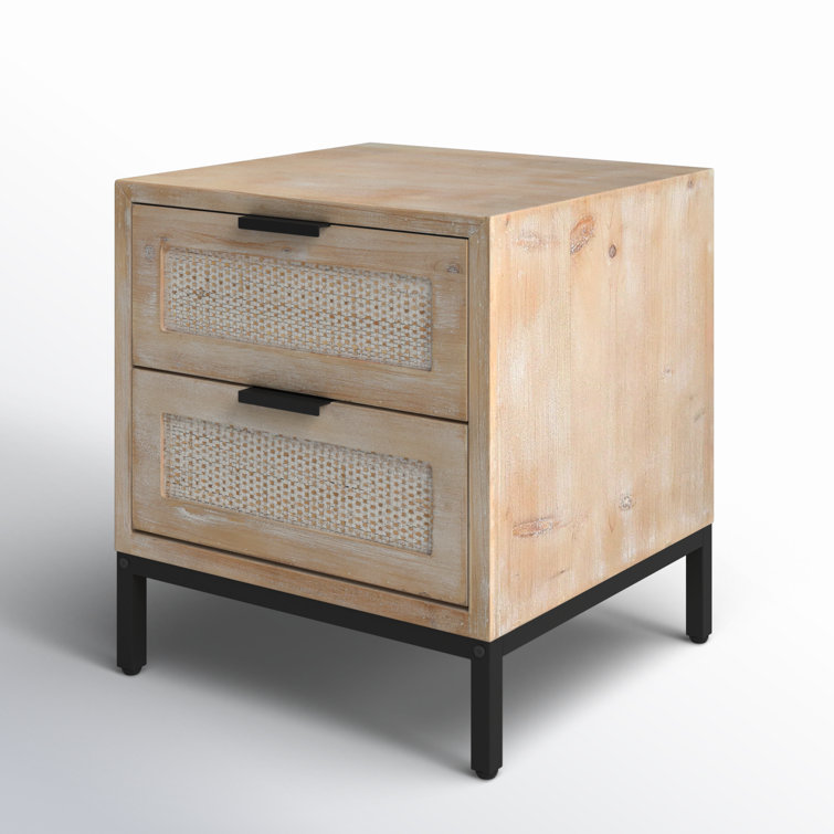 Modern Wood and Iron Side Table with Rattan Drawer Fronts