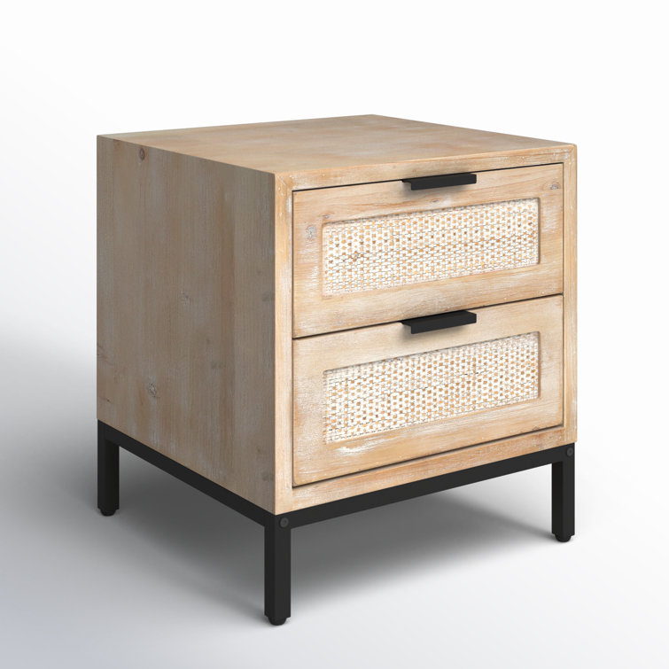 Modern Wood and Iron Side Table with Rattan Drawer Fronts
