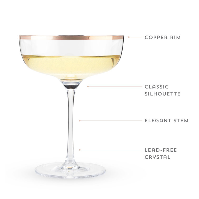 Elegant Copper-Rimmed Lead-Free Crystal Coupe Glass Set, 2-Piece
