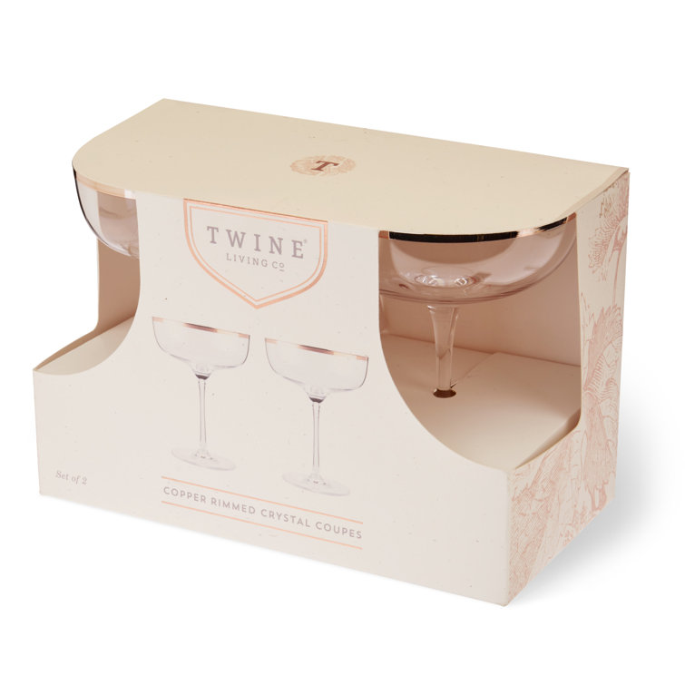 Elegant Copper-Rimmed Lead-Free Crystal Coupe Glass Set, 2-Piece