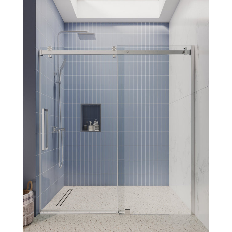 Brushed Nickel Frameless Sliding Shower Door with Clear Tempered Glass