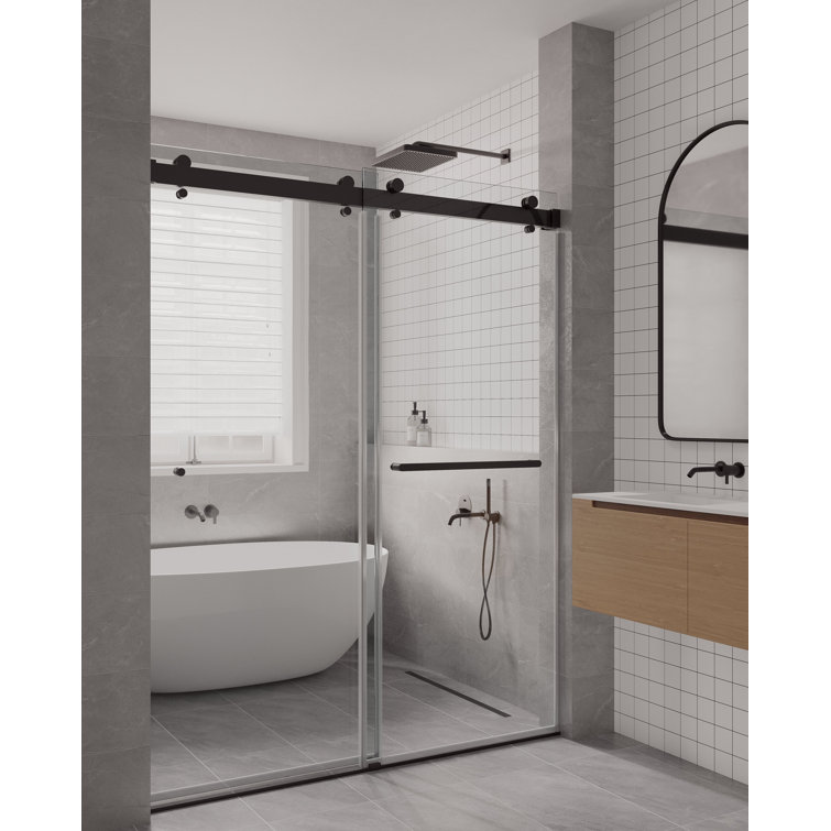Matte Black Frameless Double Sliding Shower Door with Clear Tempered Glass