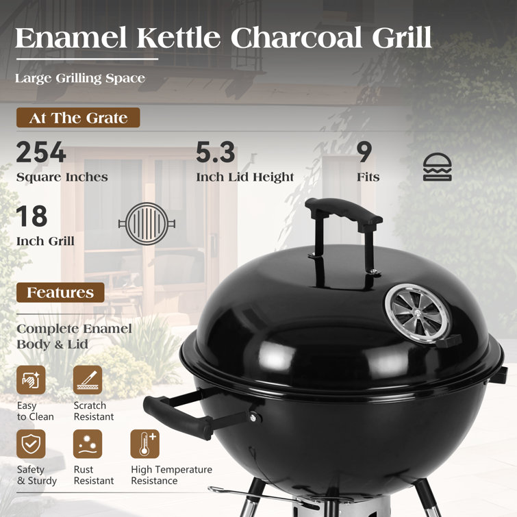 Black Porcelain-Enamel 18" Kettle Charcoal Grill with Ash Catcher