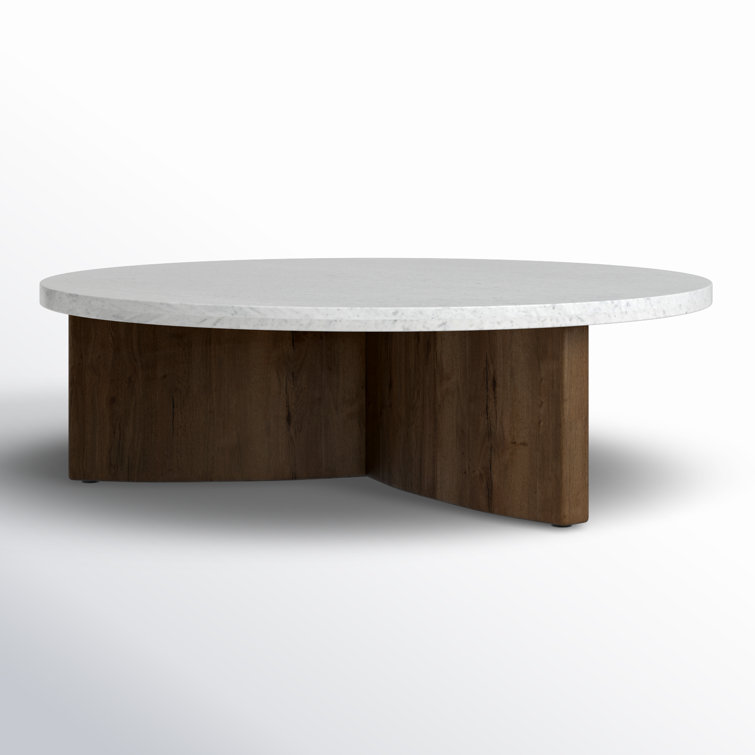 Round White Marble and Oak Coffee Table with Storage