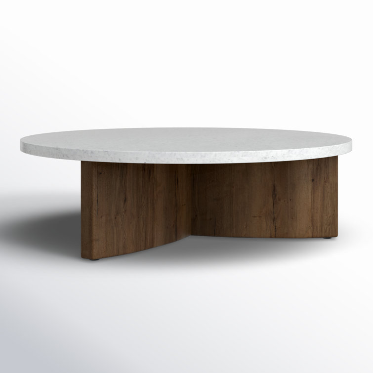 Round White Marble and Oak Coffee Table with Storage