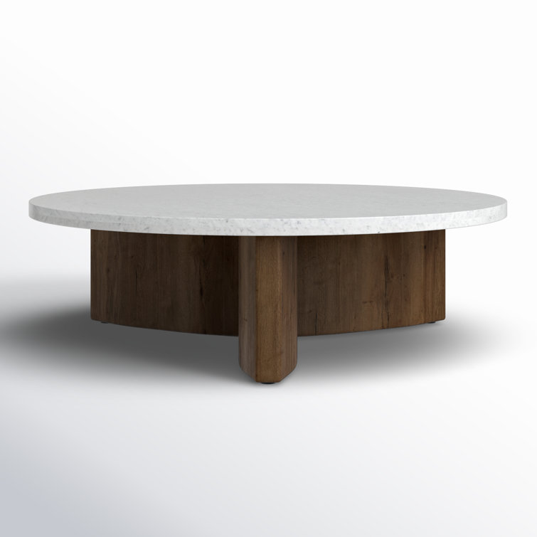 Round White Marble and Oak Coffee Table with Storage
