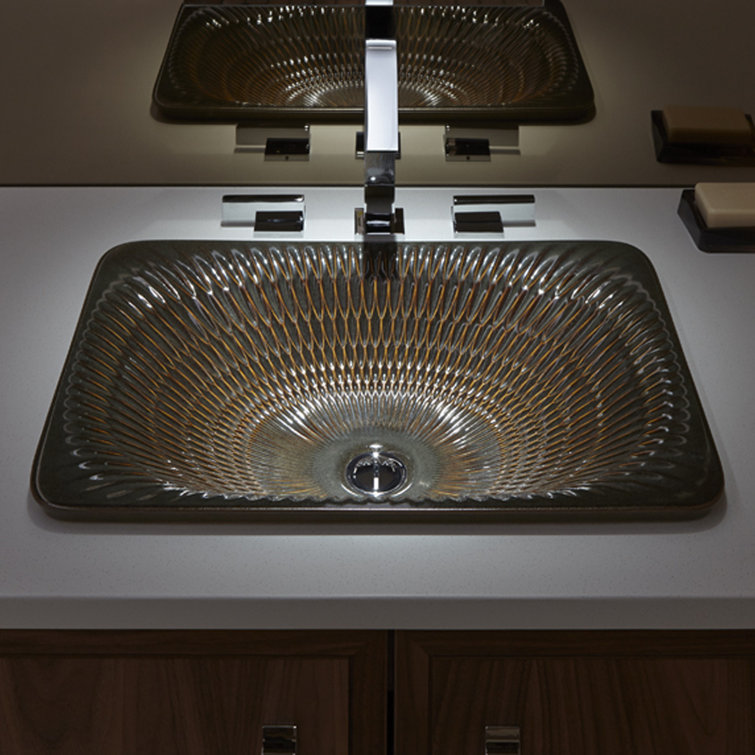 Translucent White Rectangular Ceramic Vessel Sink with Carved Texture