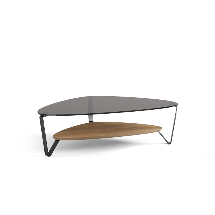 Triangular Glass Top Coffee Table with Washed Oak Shelf